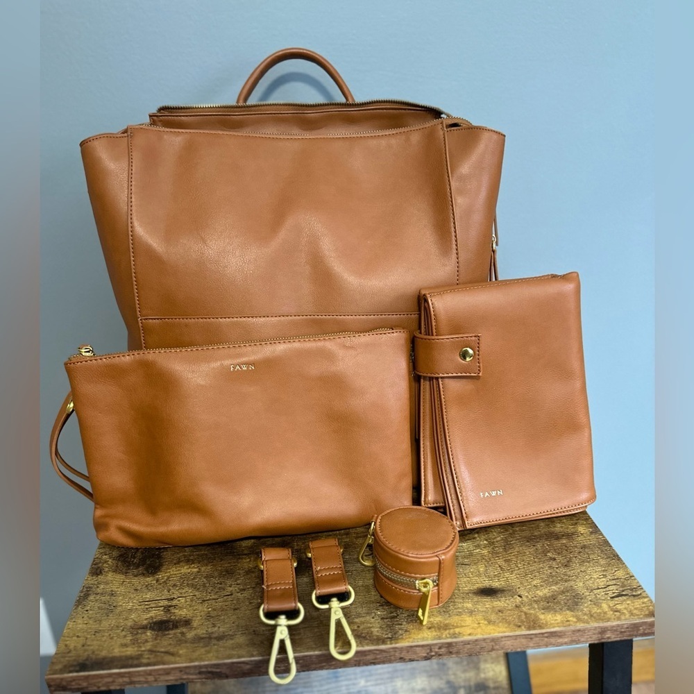 Fawn Design Brown Faux Leather Backpack Set with Gold Accents.